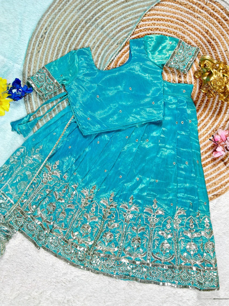 Elegant Traditional Aqua Blue Tissue Gold Kids Lehanga Suit
