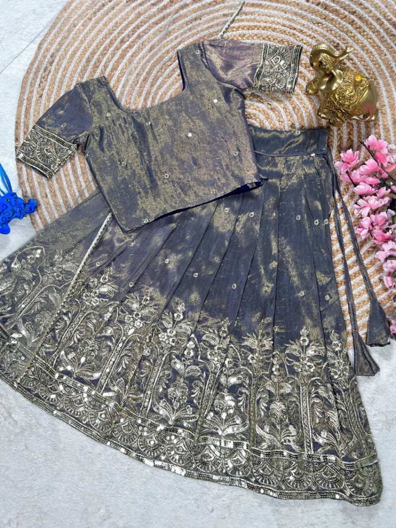 Elegant Traditional Grey Tissue Gold Kids Lehanga Suit