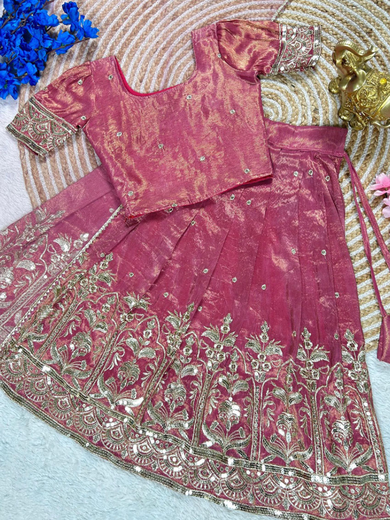 Elegant Ethnic Onion Pink Tissue Gold Kids Lehanga Suit