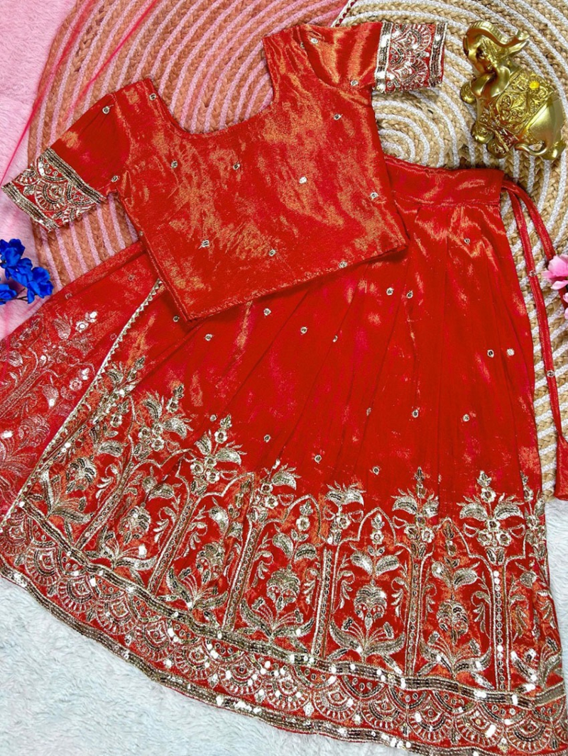 Elegant Festive Red Tissue Gold Kids Lehanga Suit