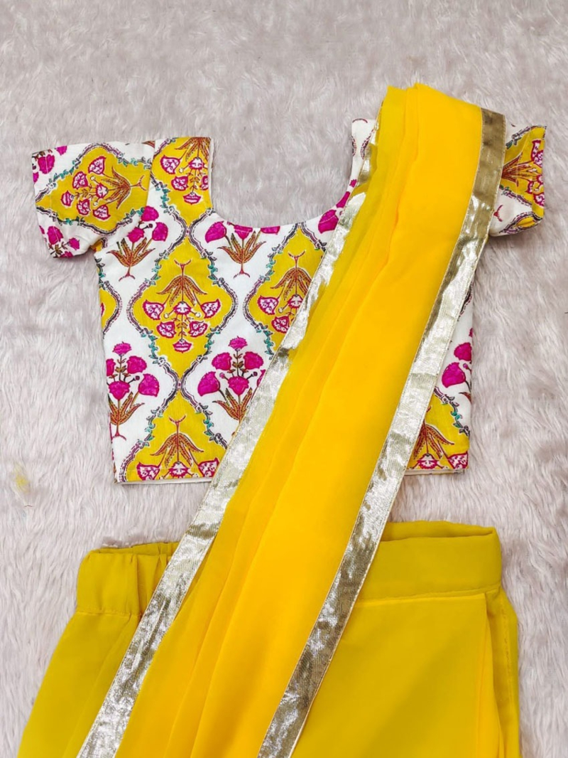 Ethnic Elegant Traditional Yellow Georgette Kids Lehanga Saree