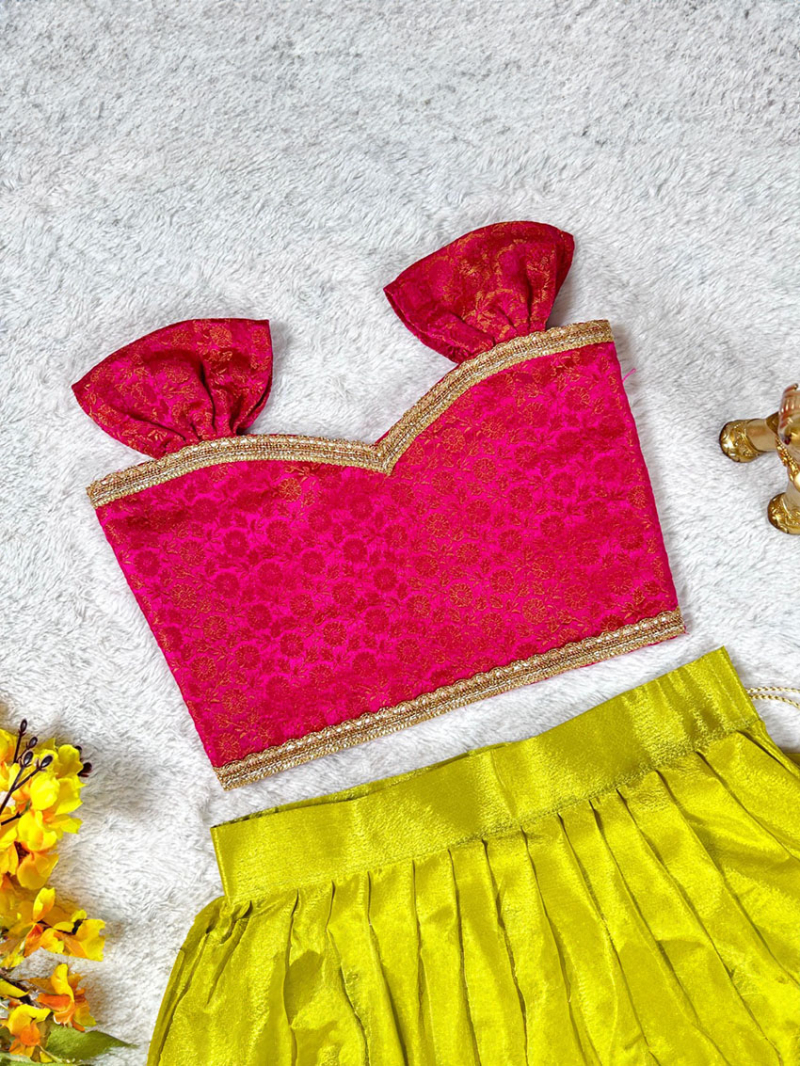 Ethnic Traditional Yellow and Magenta Viscose Chinnon Kids Lehanga Suit