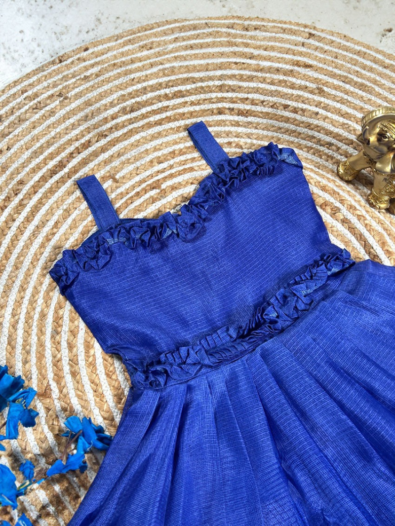 Elegant Traditional Royal Blue  Printed Kids Kota Checks Gown