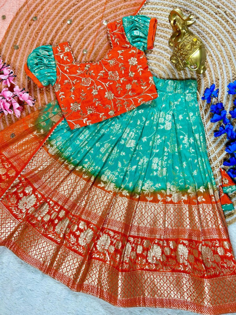 Ethnic Traditional Orange & Green Viscose Dola Silk Kids Lehanga Suit