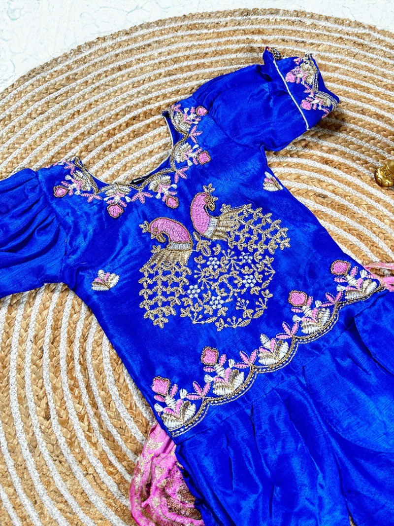 Elegant Traditional Royal Blue &  Pink Dola Silk Kids Lehanga Suit