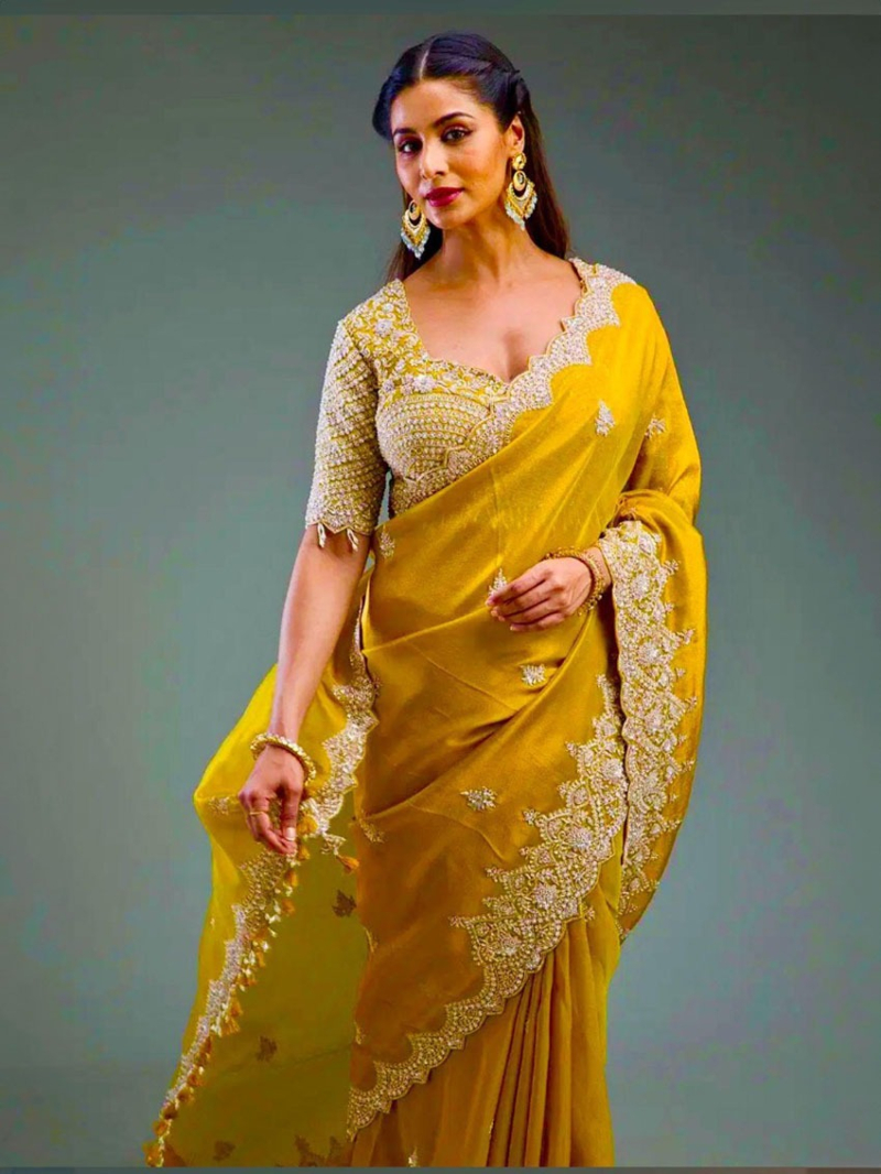 Elegant Traditional Mustard yellow Organza Saree