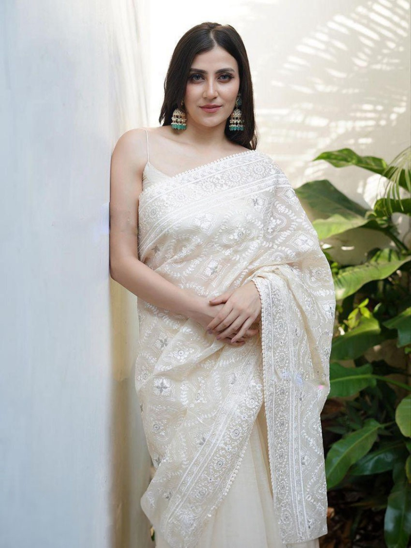 Elegant Ethnic Off White Lucknowi Embroidered Silk Organza Saree