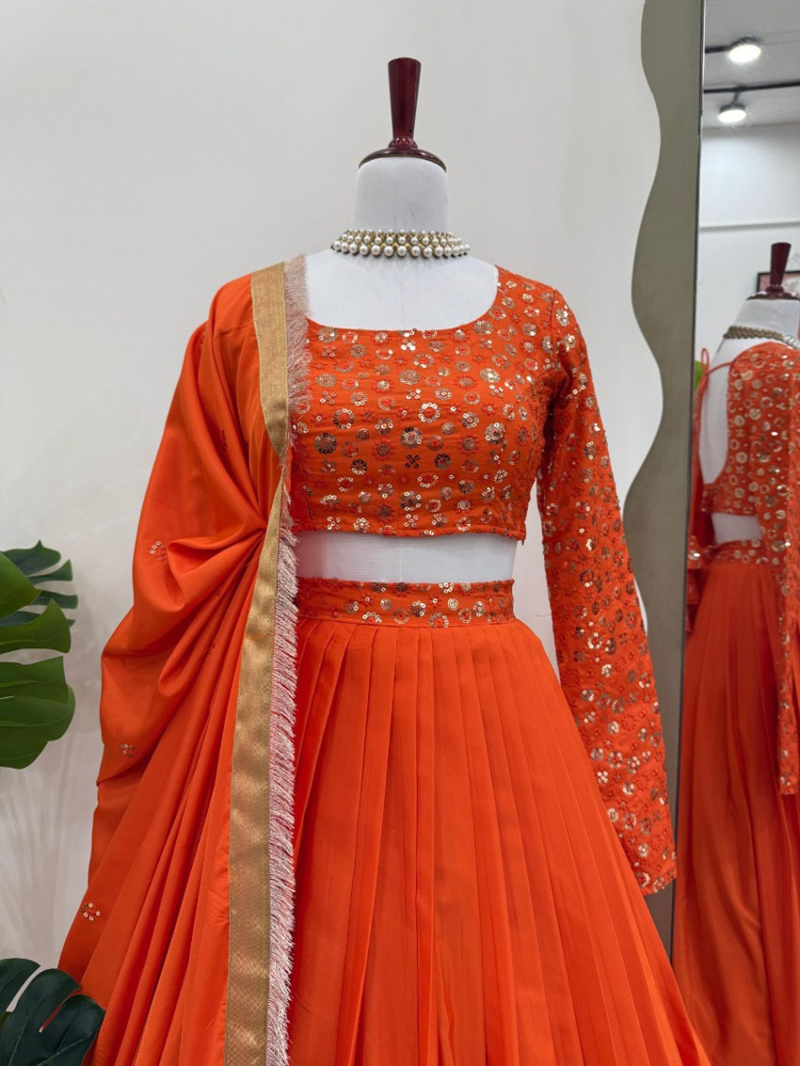 Ethnic Traditional Vibrant Orange American Silk Lehanga Suit