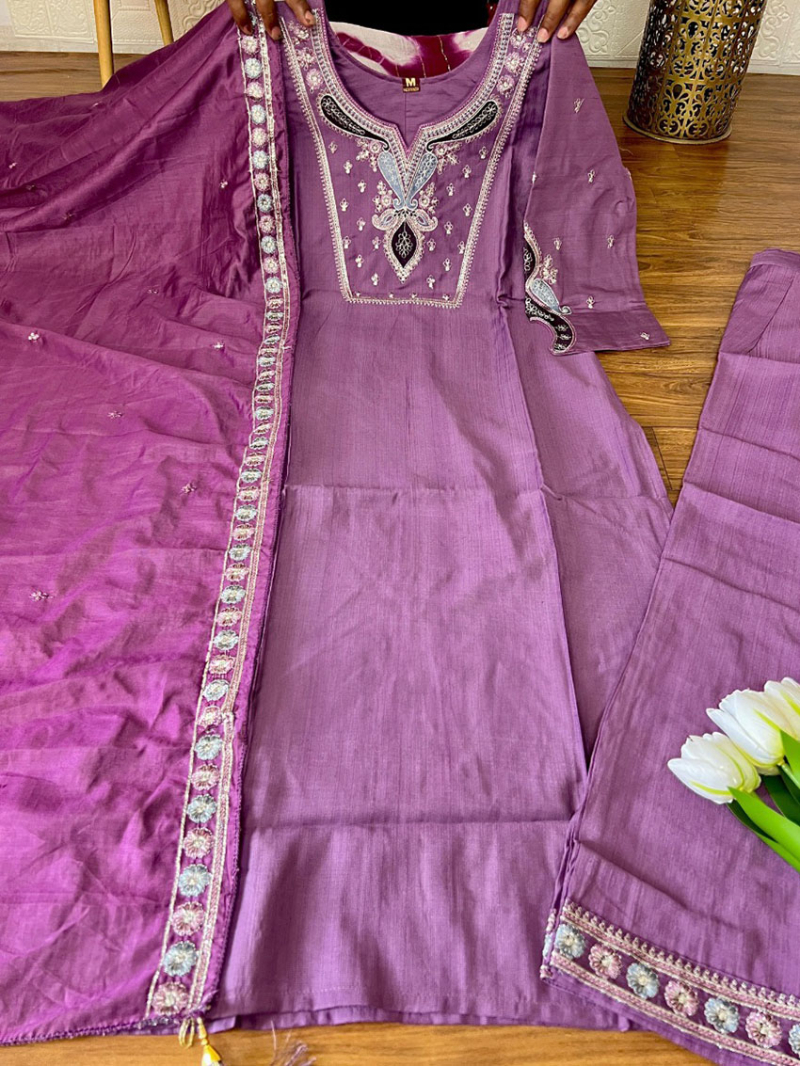 Elegant Traditional Festive Deep Mauve Viscose Straight Suit