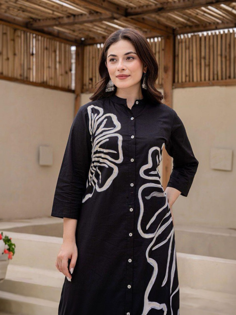 Elegant Ethnic Festive Black Cotton kurta Pant Set