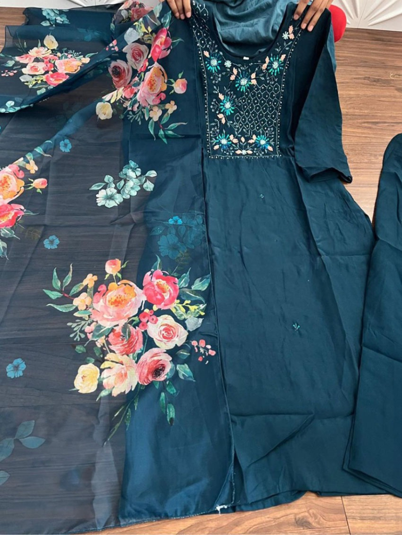 Ethnic Elegant Navy Blue Cotton Silk Kurta Pant Straight Suit