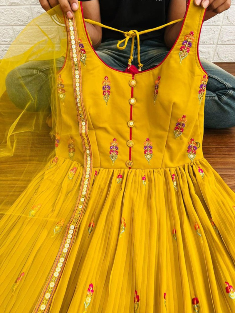 Elegant Ethnic Mustard yellow Georgette Anarkali Gown Suit