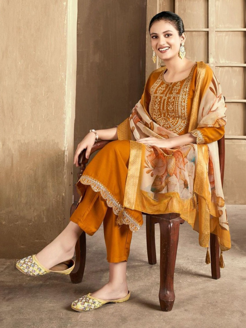 Elegant Traditional Mustard Muslin Silk Straight Suit