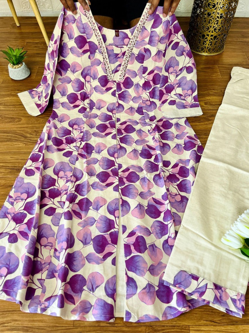 Ethnic Traditional Cream Base purple Kurta Pant straight suit