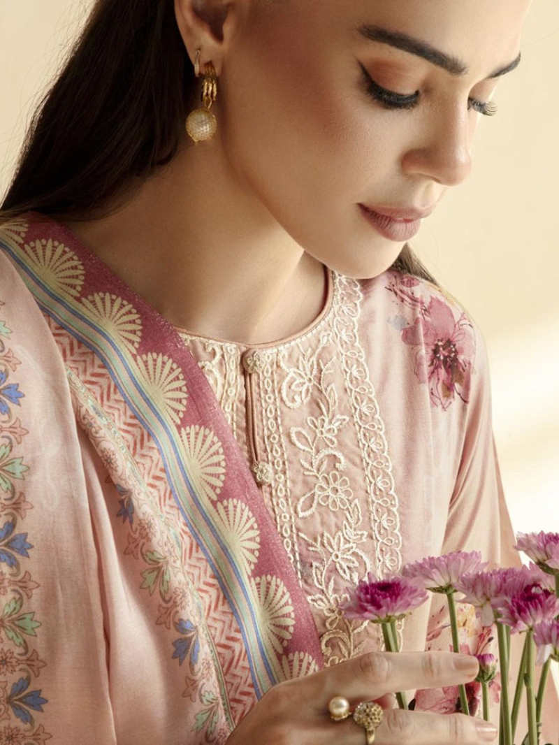 Elegant Traditional Blush Pink Lawn Floral Embroidered Straight Suit