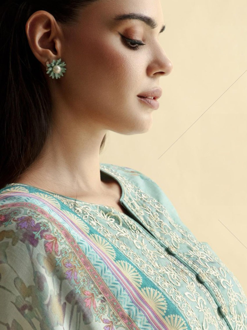Ethnic Festive Aqua Green  Lawn Floral Embroidered Straight Suit