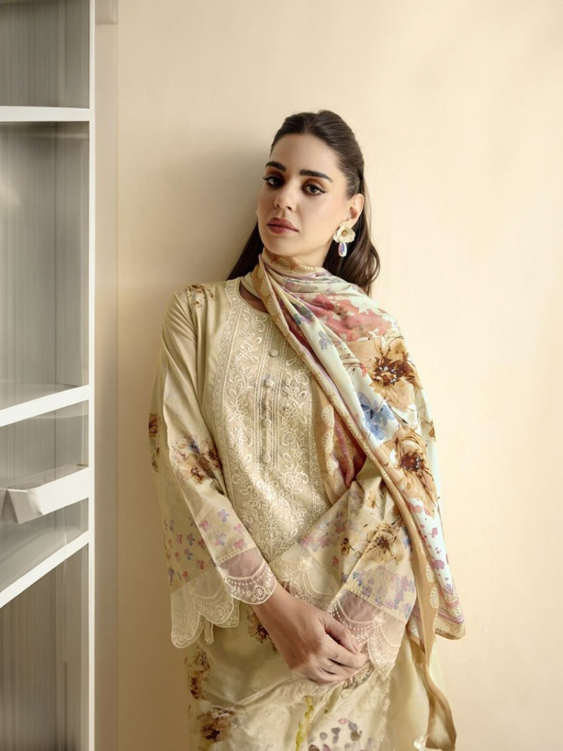Ethnic Traditional Pastel Yellow Lawn Floral Embroidered Straight Suit