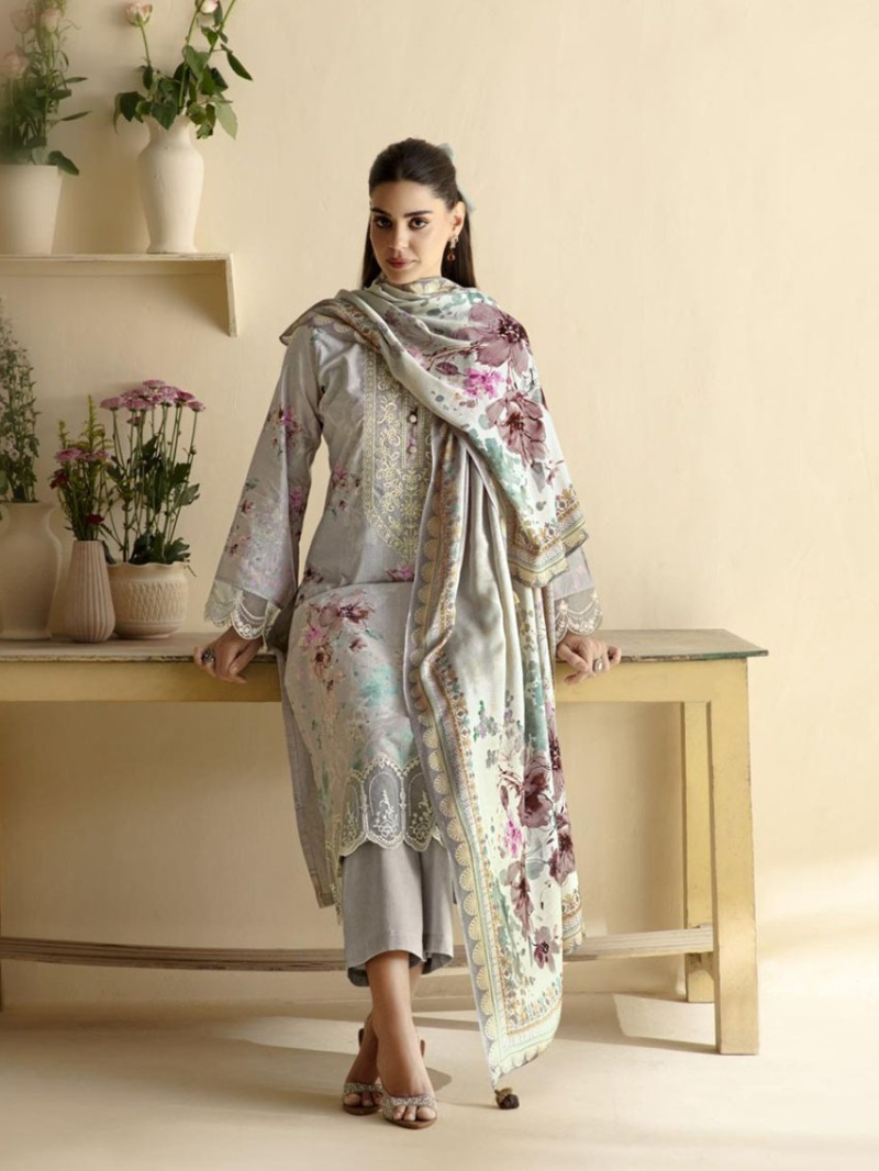 Elegant Traditional Grey Lawn Floral Embroidered Straight Suit