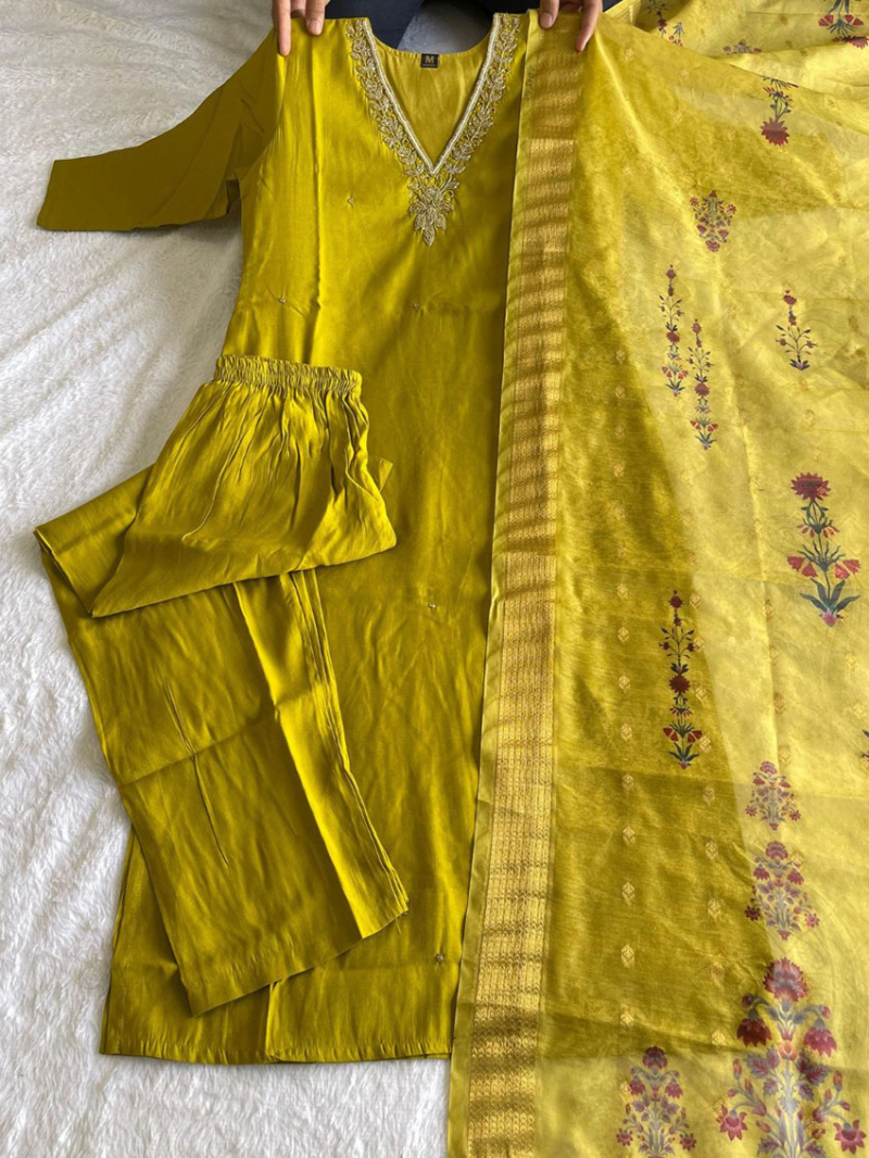 Elegant Festive Mustard Yellow Roman Silk Straight Suit