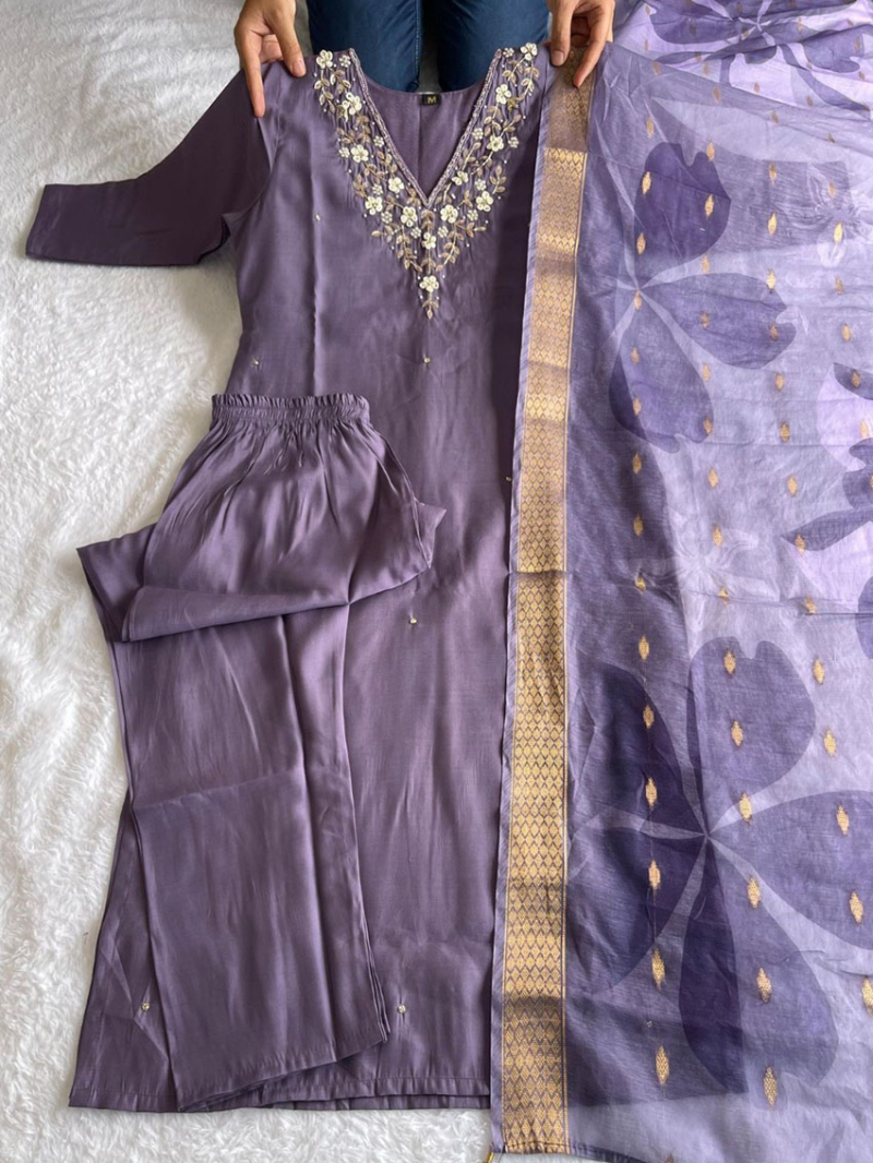 Ethnic Traditional Lavender Roman Silk Straight Suit