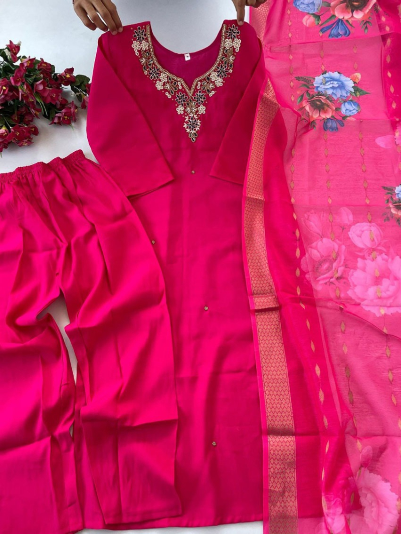 Ethnic Traditional Rani Pink Roman Silk Straight Suit