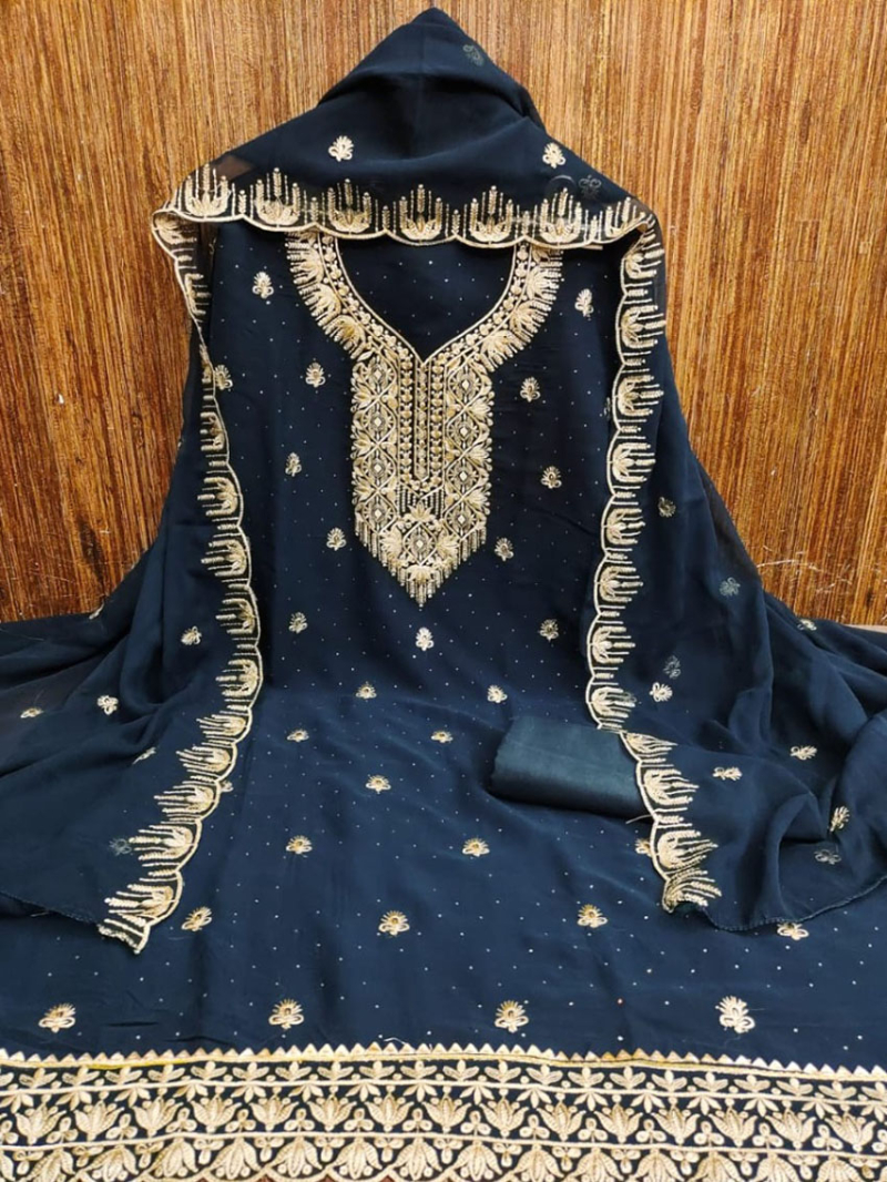 Elegant Traditional Navy Blue Georgette Straight Suit