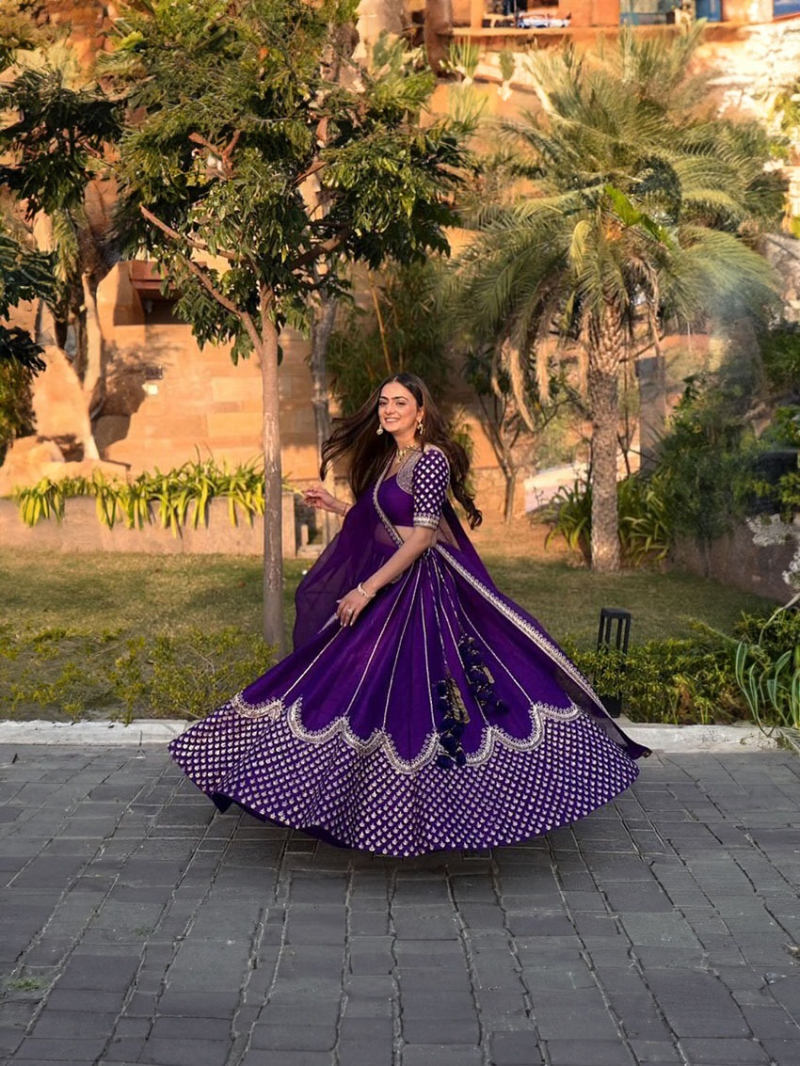 Authentic Designer Deep Purple Faux Georgette Lehanga Suit