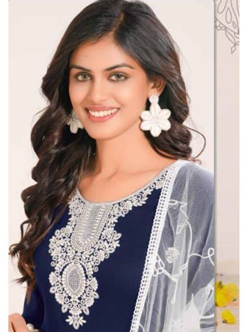 Ethnic Festive Navy Blue Rayon Straight Suit