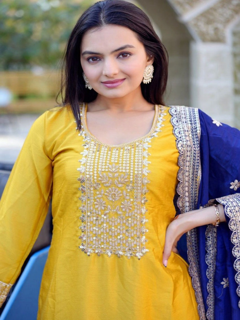 Elegant Traditional Yellow & Navy Blue Straight Pant Suit