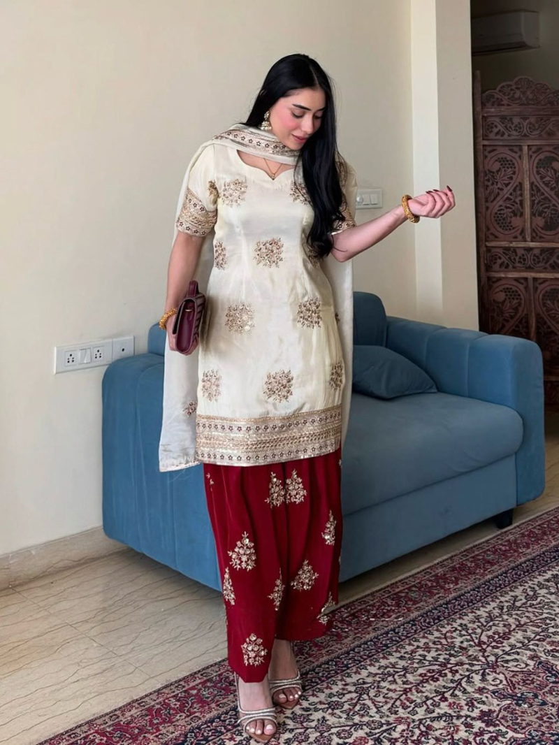 Ethnic Cream & Maroon Embroidered Chinnon Silk Suit 