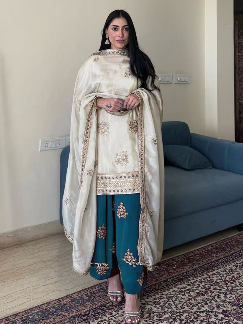 Ethnic Traditional Cream & Teal Blue Embroidered Chinnon Silk Suit
