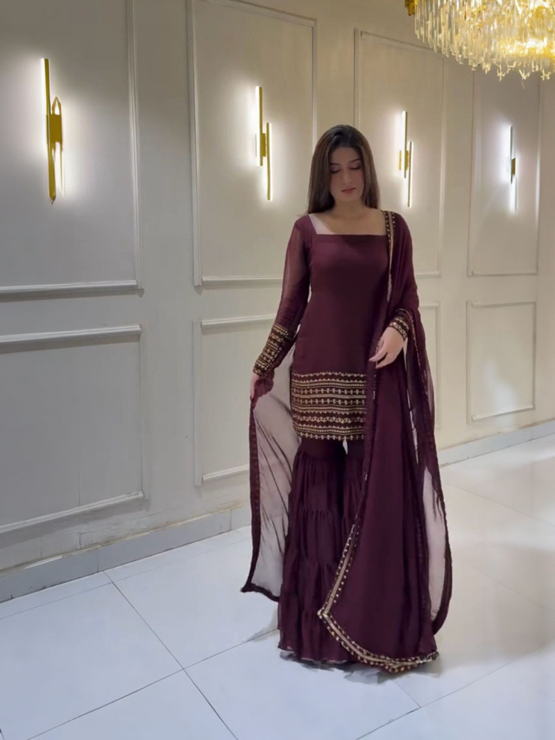 Elegant Festive Deep Wine  Georgette Sharara Suit