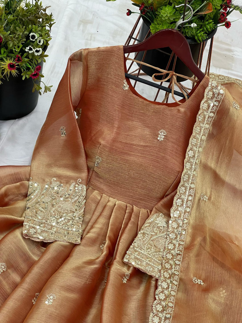 Elegant Golden Brown Burberry Silk Embroidered Anarkali Suit