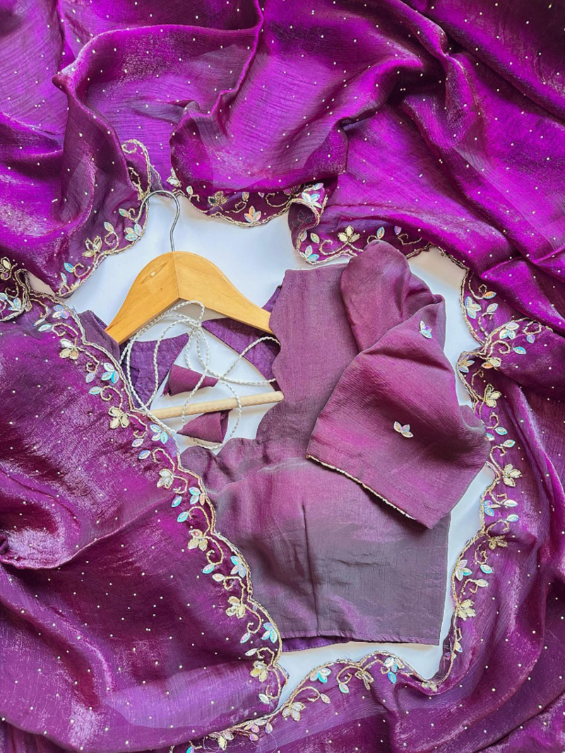 Ethnic Festive Traditional Deep Purple Hand worked Chiffon Saree
