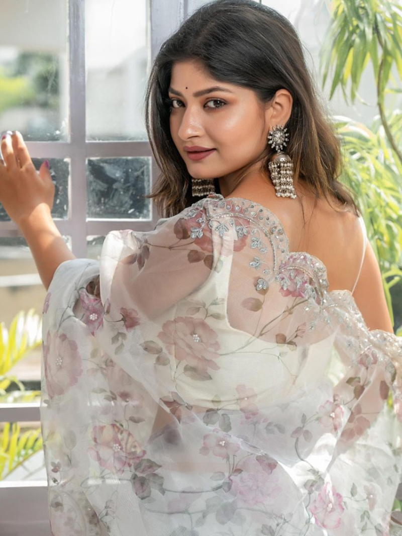 Ethnic Festive Traditional White Floral Pure Organza Saree