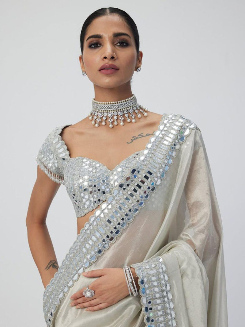Ethnic Festival Traditional Pearl White Soft Satin Organza Saree