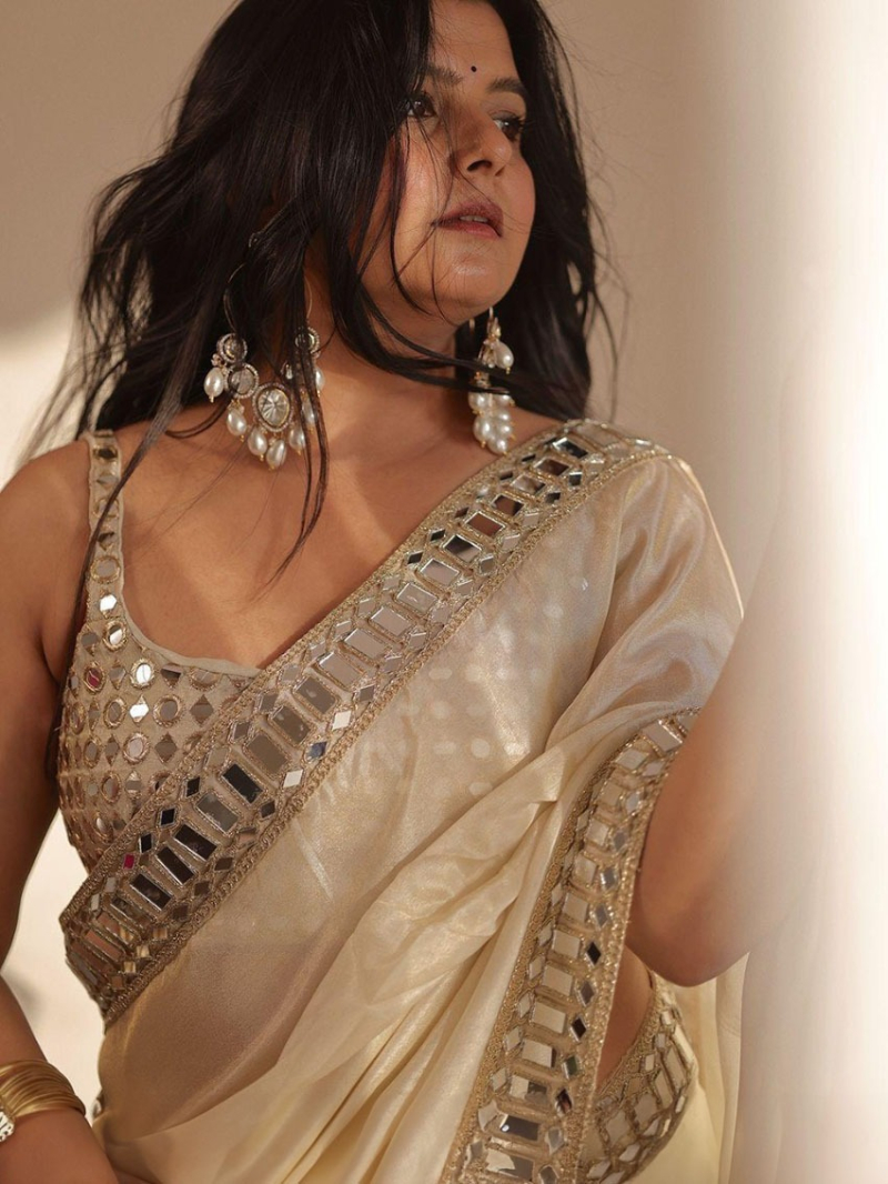 Elegant Traditional  Ivory Satin Organza Saree 