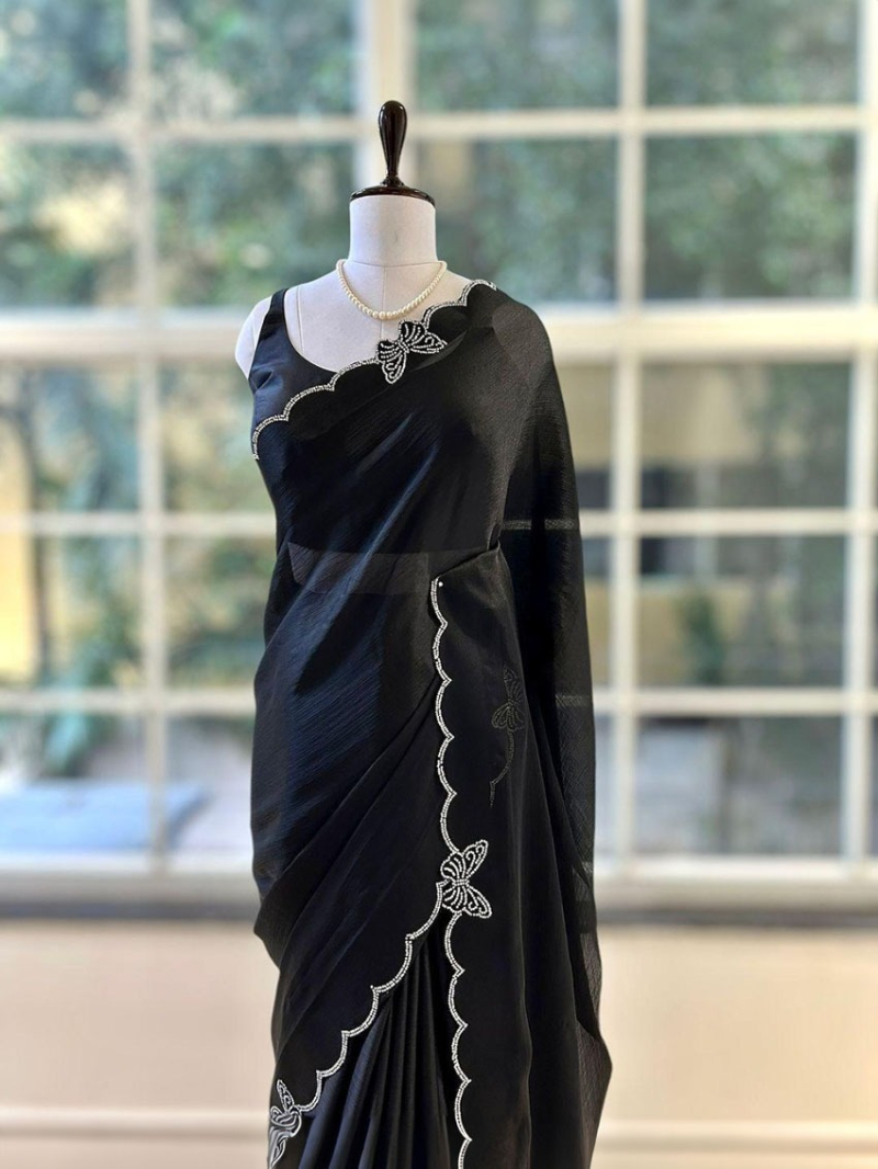 Ethnic Festive Elegant Black Shimmer Organza Silk Saree 