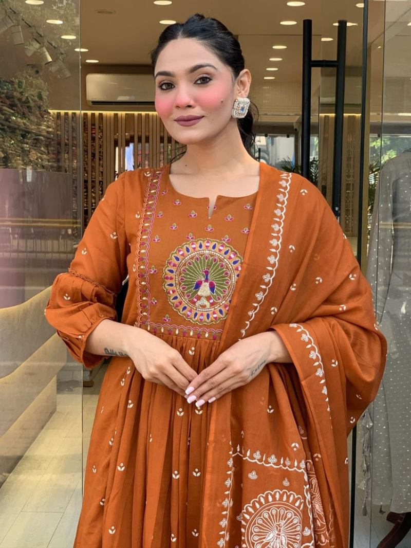 Elegant Festive Orange  Mal Cotton Pleated Anarkali Suit