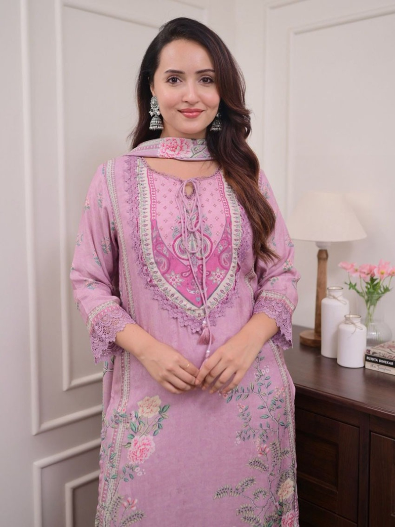 Elegant Festive Traditional Lilac  Soft Muslin Straight Style Suit 