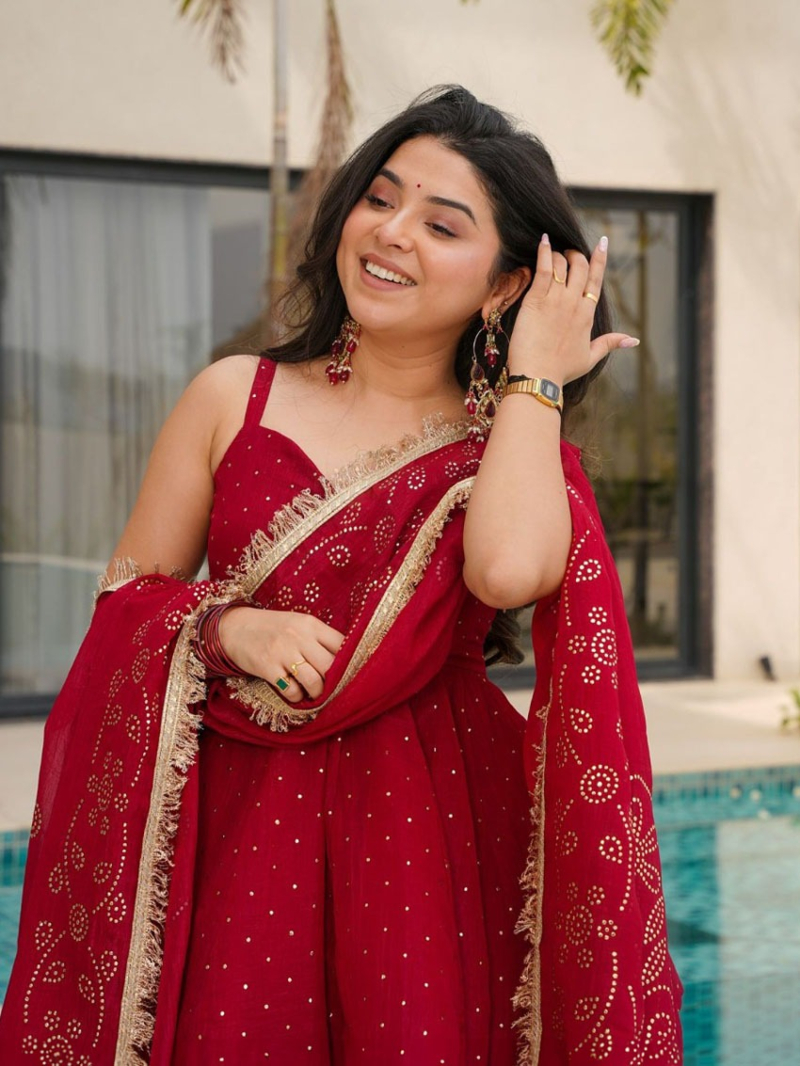 Elegant Festive Cherry Red Tabby Organza Mukesh Work Plazo Suit