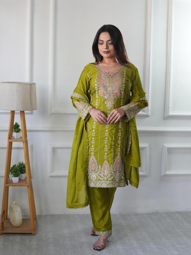 Elegant Ethnic Olive Green  Chinnon Silk Embroidered Straight Suit
