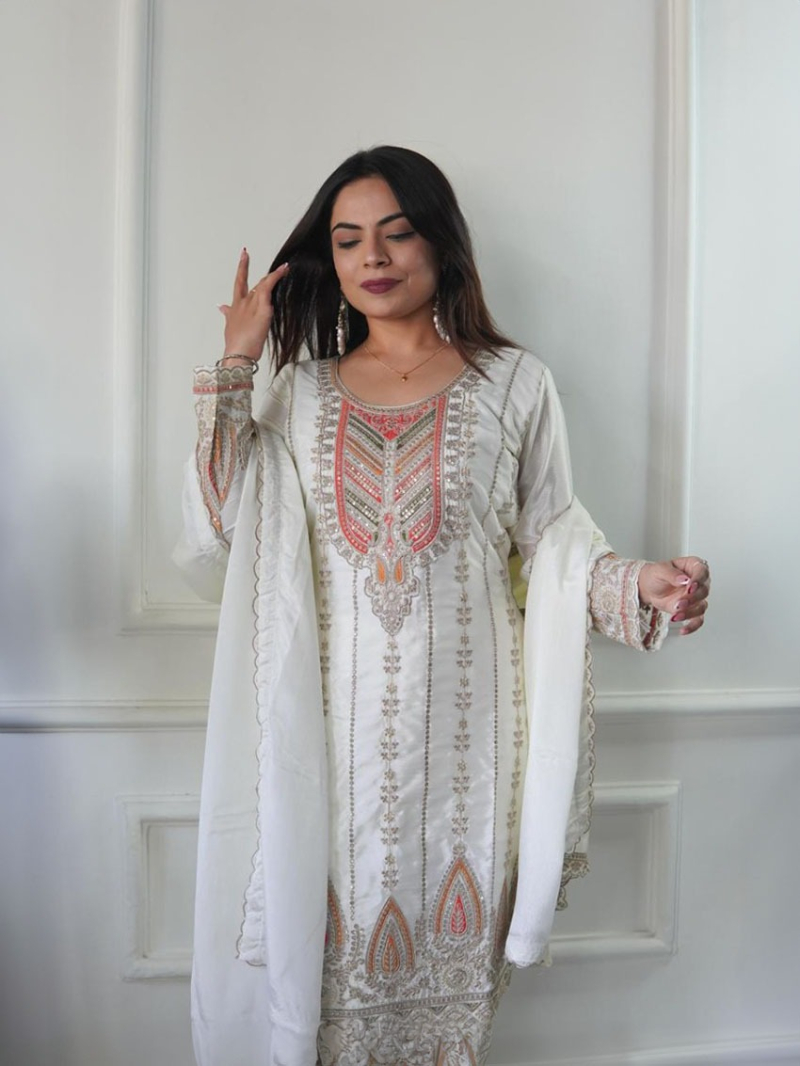 Elegant Festive  Off-White Chinnon Silk Embroidered Straight Suit 