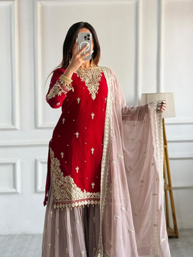Ethnic Elegant Maroon and Mauve Faux  Georgette Sharara Suit 