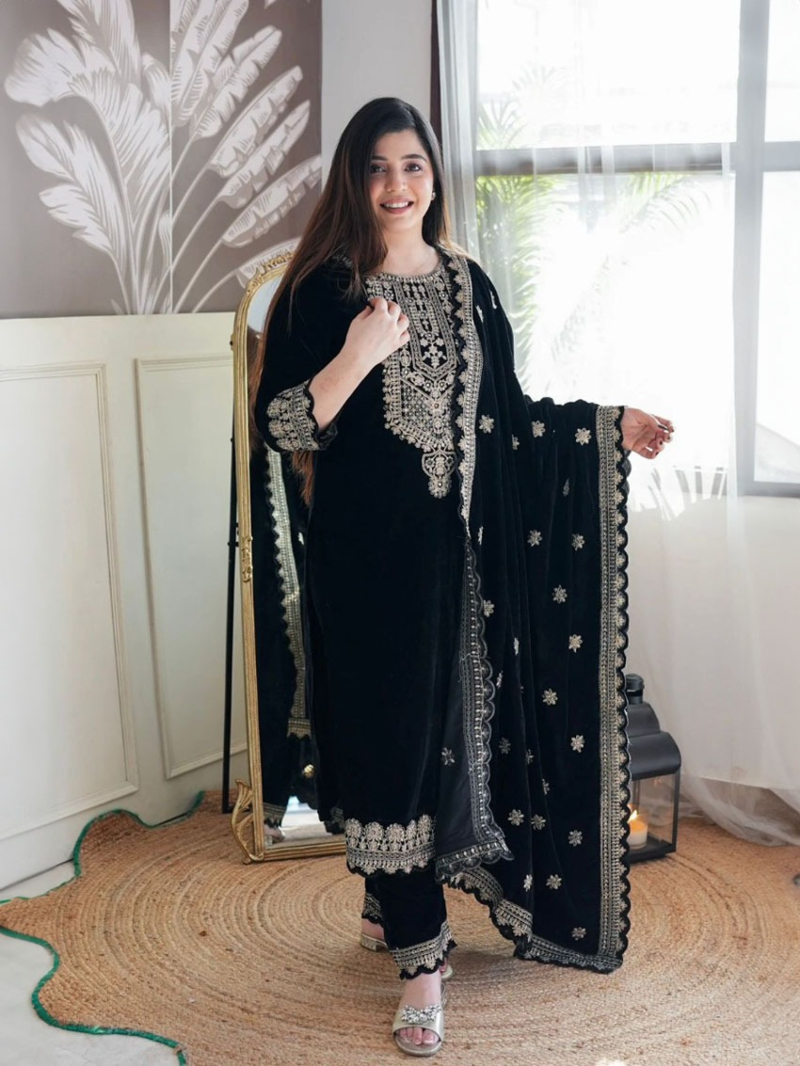 Authentic Elegant Black Velvet Viscose Embroidered Straight Suit
