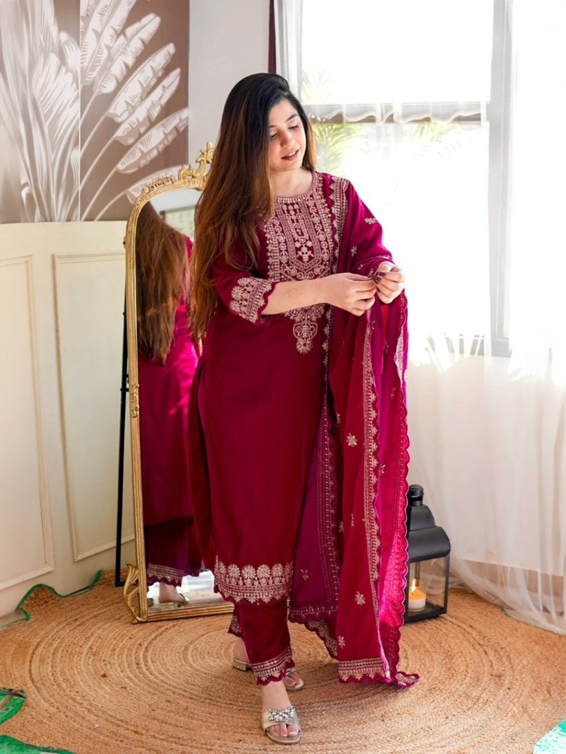 Authentic Ethnic Rani Velvet Viscose Embroidered Straight Suit