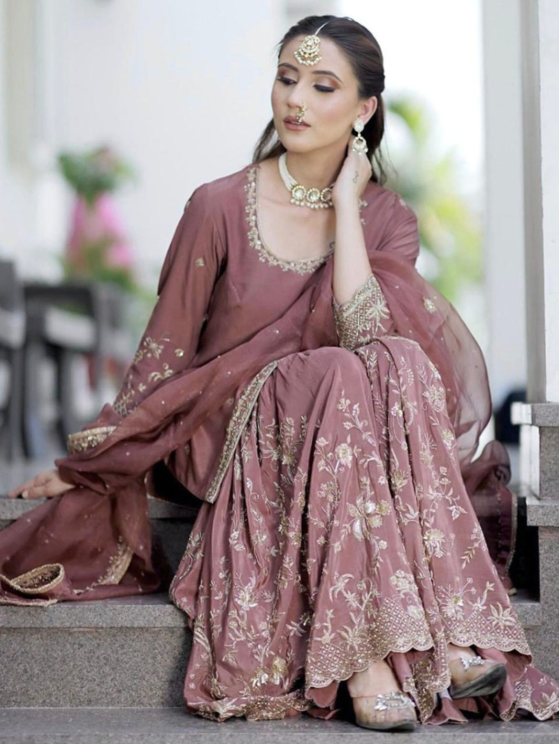 Elegant Ethnic Onion Pure Chinnon Silk Embroidered Sharara Suit