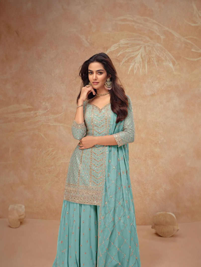 Elegant Ethnic Light  Sea Green  Chinnon Silk Embroidered Plazo Suit