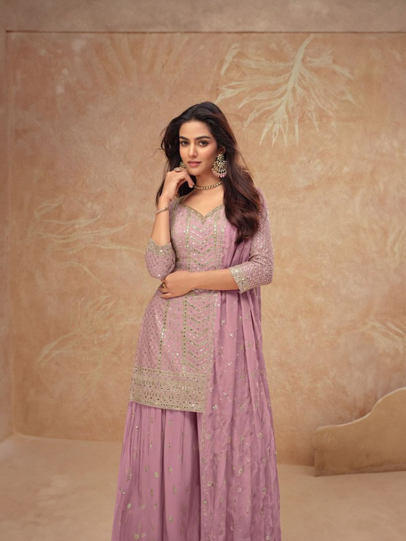 Ethnic Elegant Onion Pink Chinnon Silk Embroidered Plazo Suit