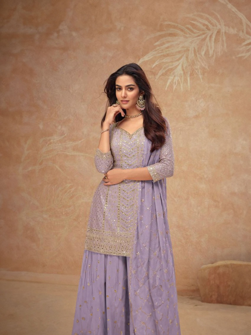 Ethnic Elegant Festive Lavender Chinnon Silk Embroidered Plazo Suit